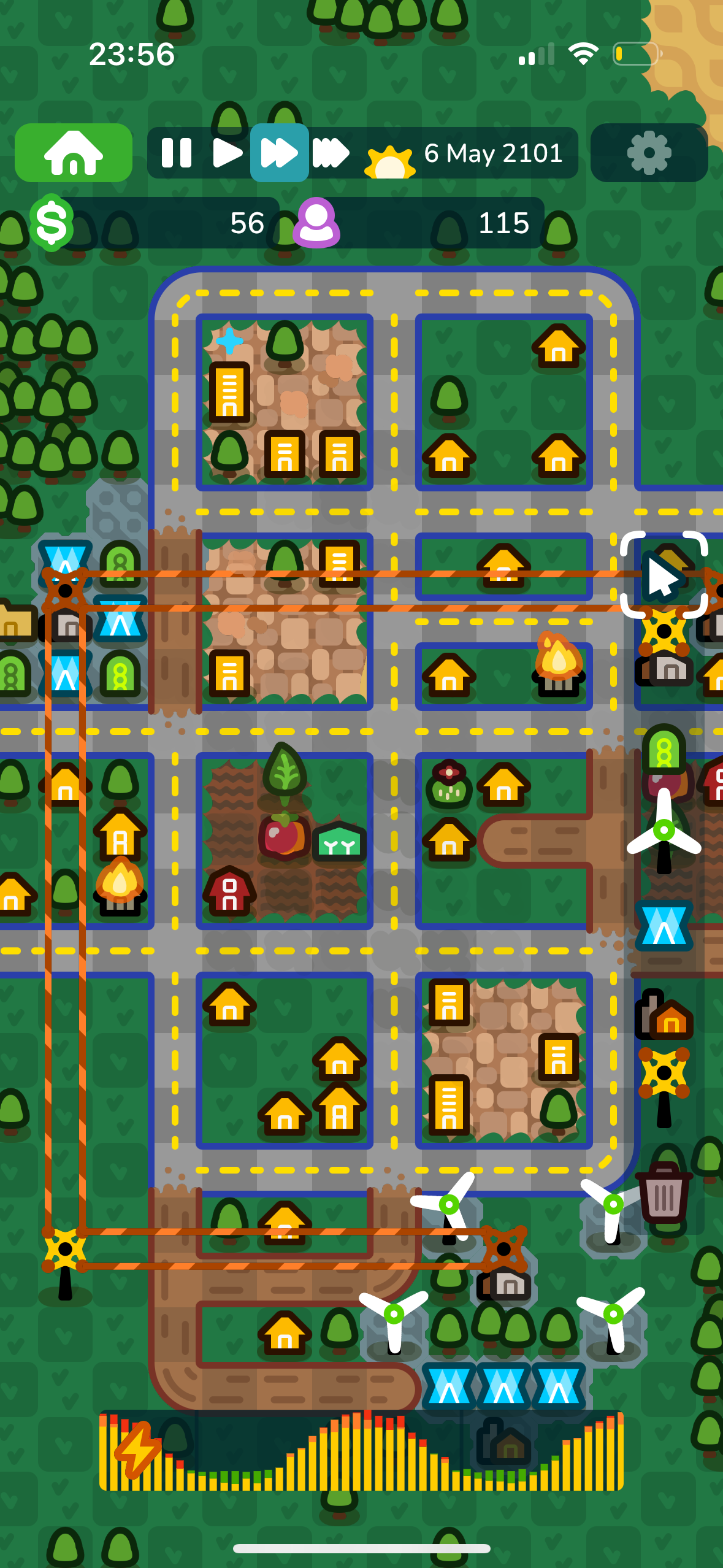 A relatively small city, with a few buildings and mixed generation sources.