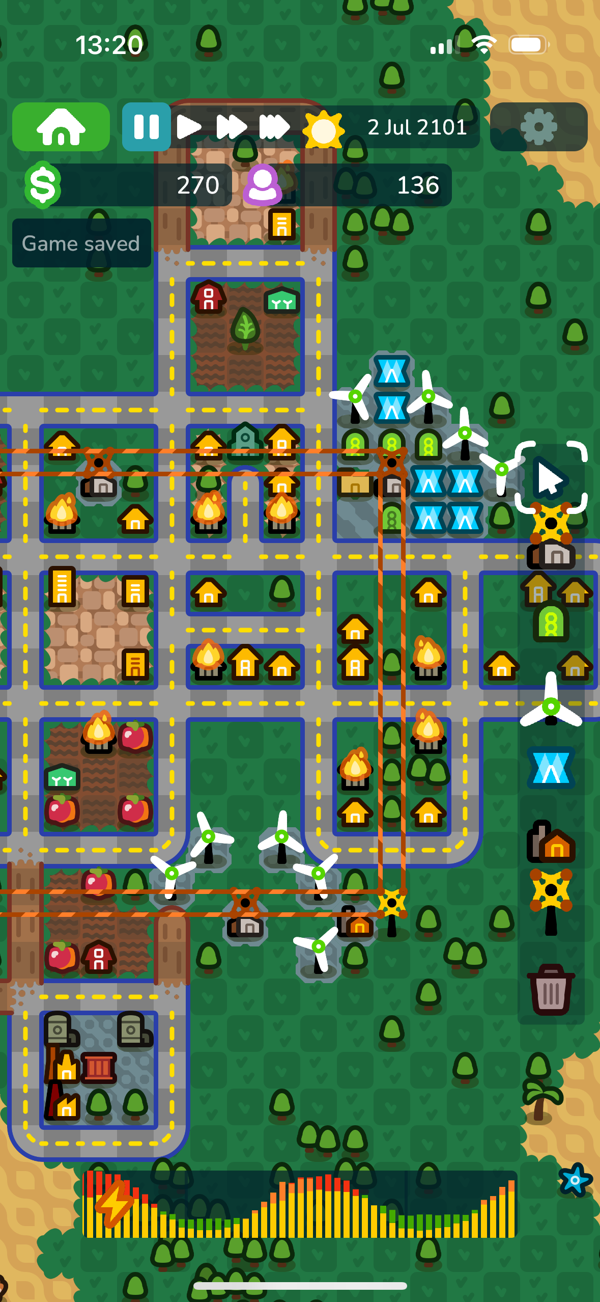 A disasterous situation with a bunch of buildings on fire, distressed from lack of power.